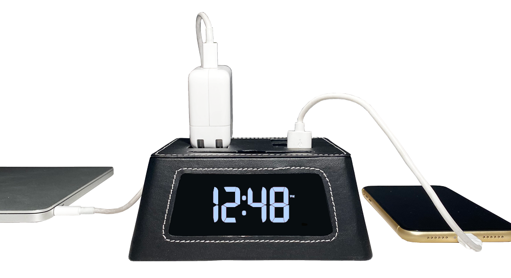 New! Power Hub Ultra with Alarm Clock - Charge up to 6 devices using 1 wall outlet - Great Useful Stuff - Black