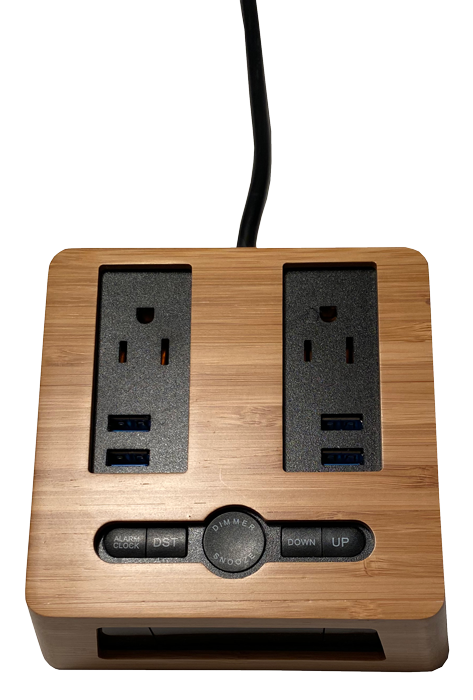 New! Power Hub Ultra with Alarm Clock - Charge up to 6 devices using 1 wall outlet - Great Useful Stuff - Bamboo