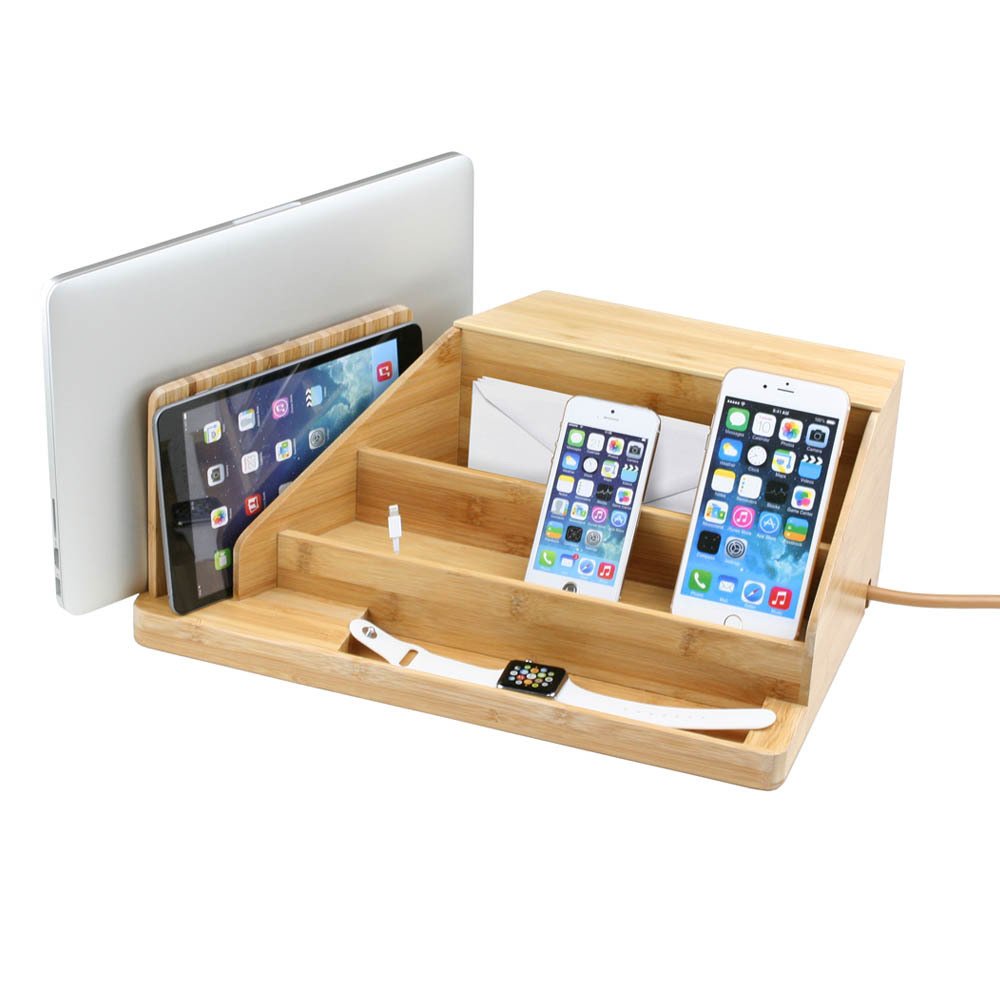Bamboo Desktop Organizer, Charging Station for Multiple Devices +