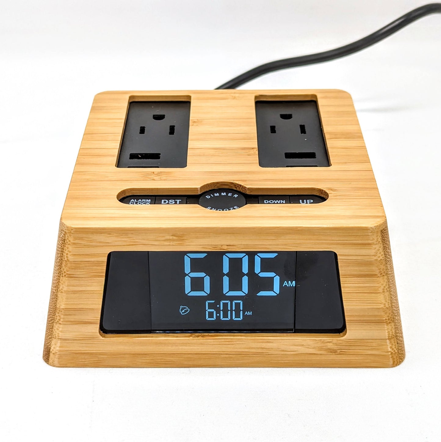 New! Power Hub Ultra with Alarm Clock - Charge up to 6 devices using 1 wall outlet - Great Useful Stuff - Bamboo