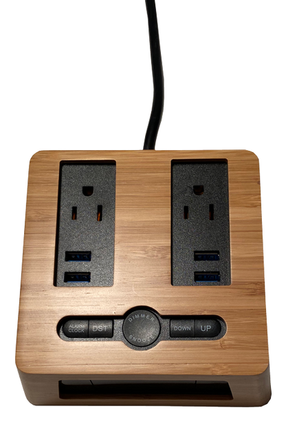 New! Power Hub Ultra with Alarm Clock - Charge up to 6 devices using 1 wall outlet - Great Useful Stuff - Bamboo